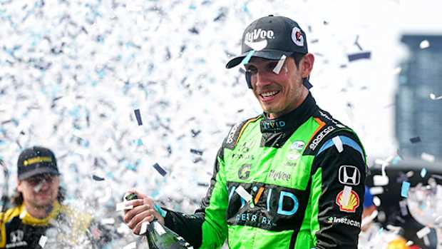 Christopher Lundgaard celebrates his first career IndyCar victory in Sunday's Honda Indy Toronto. Photo courtesy IndyCar.